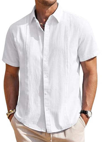 Mens Linen Shirts Short Sleeve Button Down Shirt Casual Cuban Guayabera Lightweight Summer Beach Solid Tops White