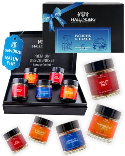 Hallingers Genuss Manufaktur Grillgewürze Geschenkset – 5 Premium Gewürze zum Grillen & BBQ in edler Geschenkbox, Gewürze Set Echte Kerle, Geschenkidee für Männer & Grillfans, Geburtstag Weihnachten