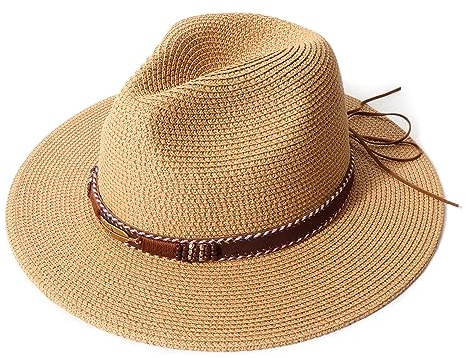 DRESHOW Damen Panama Hut Fedora Strand Sonnenhut Breiter Rand Stroh Aufrollen Hut UPF 50+