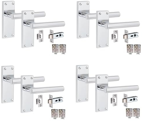 Golden Grace Victorian Straight T-Bar Door Handles Latch in Polished Chrome with 1 Pair of 3 Standard Butt Hinges & Latches Pack, 4 Sets - 120mm x 40mm Backplate
