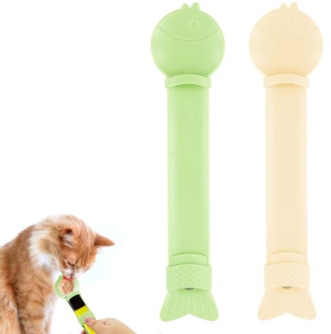 PEUTIER 2pcs Cat Strip Feeders, Lickable Cat Strip Squeeze Spoon Multifunctional Cat Wet Treat Dispenser Spoon Fish Shape Cat Food Spoon Cat Stick Feeder for Wet Food Cat Pet Supplies(Yellow, Green)