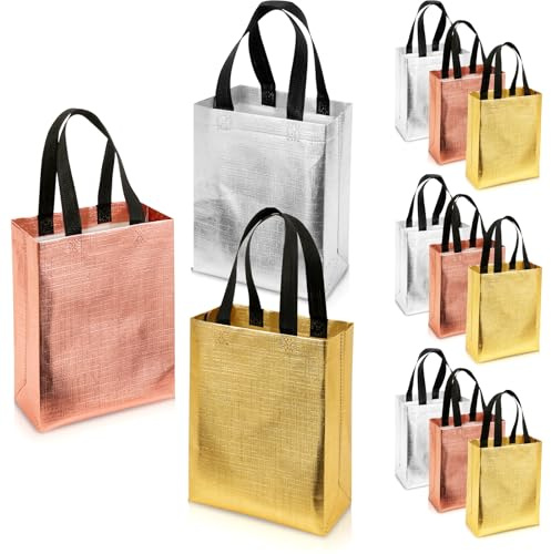 PHOGARY Sac Cadeau avec Poignées, 12 Pochette Cadeau Réutilisables Taille Moyenne, Sacs Cadeaux Anniversaire en Non-tissé, Sac Cadeau Mariage Emballage Cadeau Sac Evjf en Gros (Or, Argent, Or Rose)