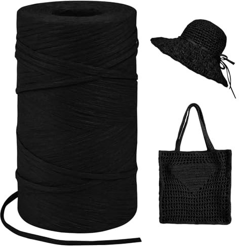 LEREATI Raffia Garn zum Häkeln, Bastband Natur 3mm x 300m Papiergarn Geschenkbänder, Bändchengarn zum Häkeln, Papierdraht zum Häkeltaschen, Körbe, Hüte, Geschenkverpackung (Schwarz)