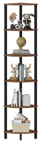 VIMBER Corner Shelf, 6-Tier Corner Bookshelf, Industrial Corner Ladder Shelf, DIY Storage Shelves, Rustic Display Shelf for Living Room, Bedroom, Kitchen, Home Office, Rustic Brown and Black UJSJ004F