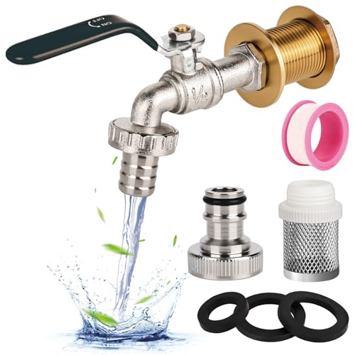 Kugelauslaufhahn 1/2 Zoll Kugel-Auslaufventil Messing Wasserhahn Regentonne Universal Frostsicher Garten Wasserhahn mit Schlauchverschraubung+Filtersieb,Regenwassertank IBC Tank Zubehör(Schwarz)