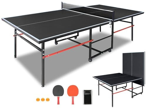 Professional Table Tennis Table, Foldable Ping Pong Game Set for Indoor, 8FT 9FT Single Player Playback Mode Ping Pong Table with Net and Post Set, 2 Paddles and 3 Balls (Black-8x4ft)