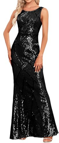 YHHOWEP Glitter Formal Dresses Long Evening Gowns Bodycon Mermaid Sparkly Sequin Boat Neck Sleeveless Cocktail Party Dress Black L