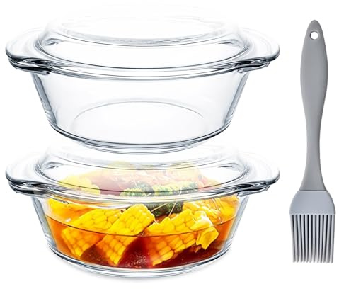 2 Glass Circular Plates with Handles and Lids, 1.5L Oven Safe and Microwave Safe High-Temperature Resistant Glass Baking Tray, Perfect For Baking Sourdough, Clay Pot, Wide Noodles, and Grilled Meat