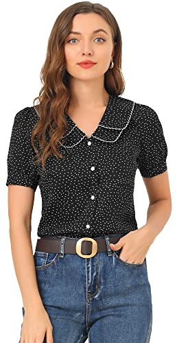 Allegra K Donna Camicia a Pois a Maniche Corte a Sbuffo con Colletto alla Peter Pan Vintage Nero S