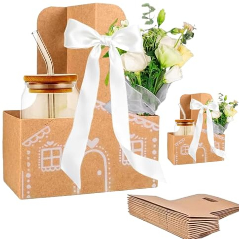 Scatola regalo di Natale a forma di casa di pan di zenzero/portabicchieri, portabicchieri fai da te a forma di pan di zenzero, piccole scatole for bevande natalizie con manico(20pc)