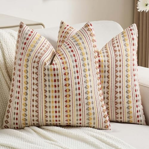 Ystyle Funda Cojin 45x45 (Pack de 2 Unidades), En Suave Tejido de Chenilla Funda Almohada, con Rayas Decorativas de Estilo Rústico, Apta para Sofás de Salón, Marrón Rojizo