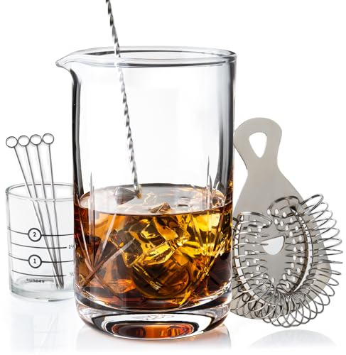 Cork & Mill Cocktail Mixing Glass, Old Fashioned Kit, Large 24 oz Crystal Cocktail Mixer for Bartenders, 9-Piece Home Bar Accessories Set for Manhattans and Other Whiskey Drinks
