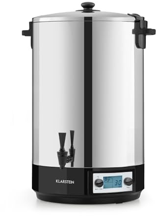 KLARSTEIN KonfiStar Digital - Pastorizzatore, Distributore Bevande, 2500 Watt, 30-100 °C, Timer, Funzione di Mantenimento Calore, Coperchio con Chiusura, Acciaio Inox, 50 Litri, Argento