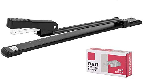 Grapadora de brazo largo, tira completa de brazo largo con capacidad de alcance de 300 mm, 25 hojas, resistente, para el hogar, oficina, escritorio, papelería, manualidades, escuela, color negro