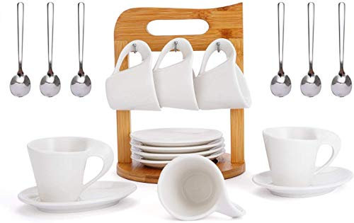 Optyuwah Espresso Coffee Cup Set of 6, Ceramic Coffee Tea Cups Set, White Porcelain Espresso Saucer Set, Turkish Coffee Cups with Saucers and Cup Holder for Home Office, 75ml/2.5oz