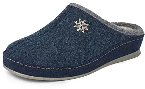 SCHAWOS Donna Ciabatta Feltro Lisa – Pantofole in lana con plantare anatomico e suola silenziosa (Blu Marino 24W, numeric_36)
