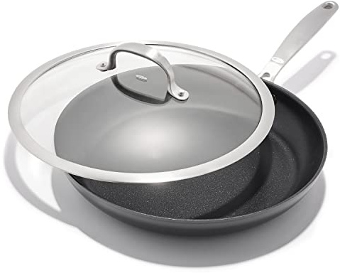 OXO Enhanced 12 Frying Pan Skillet with Glass Lid, PFAS-Free Ceramic Nonstick, Durable Hard Anodized, Scratch Resistant, Stainless Steel Handle Good Grip, Dishwasher Safe, Oven Safe, Black