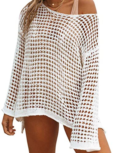 Bsubseach Crochet Cover Ups for Women Sexy Hollow Out Swim Cover Up Knit Summer Outfits White