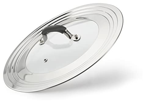 WishDirect Tapa Universal Para 21 – 31 cm Sartenes, Ollas, Cacerolas y Woks, Tapa de Cristal con Borde de Acero Inoxidable, Cubierta Universal de Ollas con Mango de Silicona Resistente al Calor, Negra