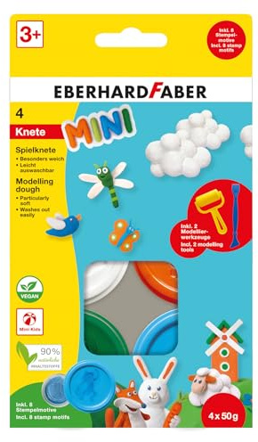 EBERHARD FABER 572516 - Set di pasta da gioco, 4 barattoli da 50 g ciascuno e 2 strumenti per modellare, argilla da modellare a partire dai 3 anni di età