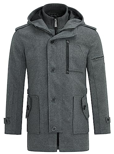 YOUTHUP Manteau Homme en Laine Hiver Chaud Veste avec Capuche Epais Parka Trench Coat Caban Gris S
