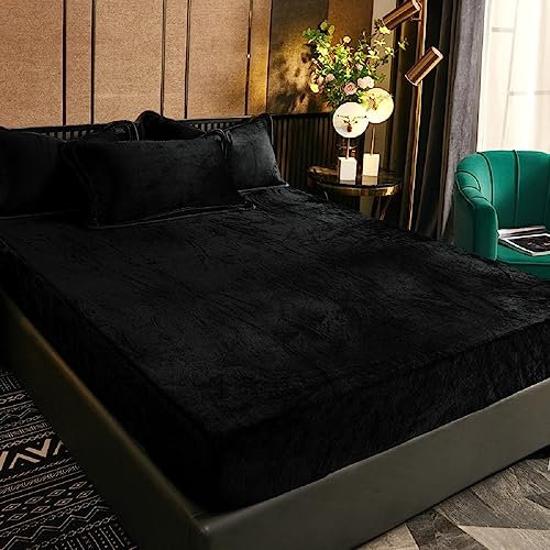 Luofanfei Winter Fleece Spannbettlaken 200x200cm Schwarz Samt Warm Kuschel Boxspringbett Frottee Bettlaken Biber Spannbetttuch Uni Muster Spannbetttücher 200 x 200 für Hohe Matratze Steghöhe 25-30cm