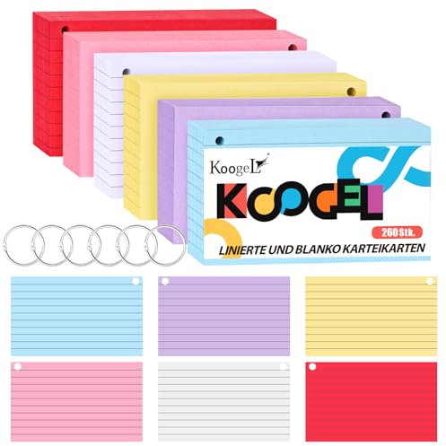 Koogel 260 linierte Karteikarten, Einseitig Linierte Vokabelkarten mit 6 Ring für Vokabellernen unterwegs, im Büro, in der Schule und zu Hause 12.5 * 7.5cm