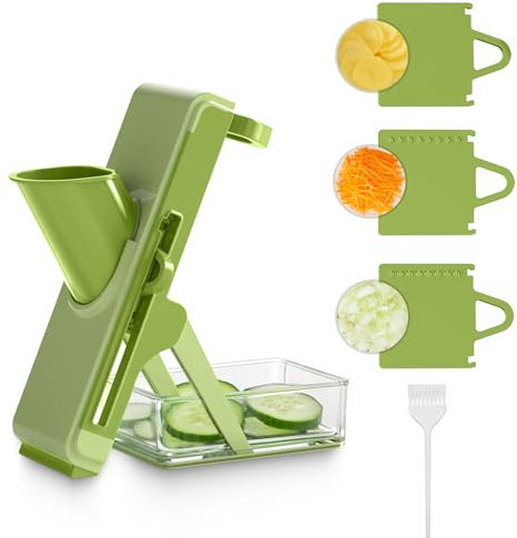 Eletronova Safe Mandoline Slicer for Kitchen, Multi Vegetable Chopper with Thickness Adjuster, Finger-Safe Food Holder, Potato/Onion/Cucumber Slicer for Fast Meal Prep, Easy Clean(Light Dark Green)