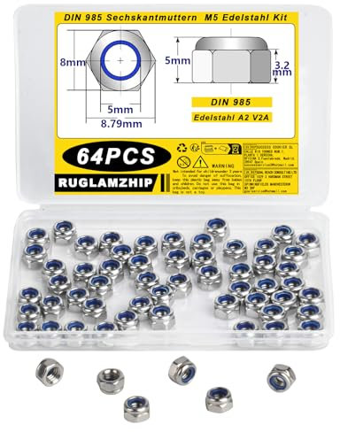 64 Pcs Écrou M5 Inox, Nylstop DIN 985 en Acier Inoxydable A2 V2A, Autobloquant Hexagonal de Blocage pour Vis Boulons Tiges Filetées