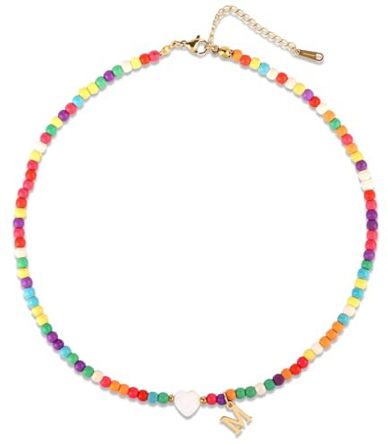 Initial Beaded Necklace, Colorful Cute Beaded Necklace with Heart Shells Stylish Letter Pendant Necklace Handmade Personalized A-Z Gifts for Women Girls (Letter M)