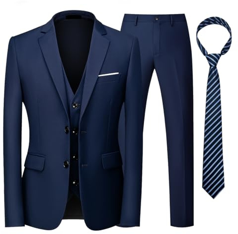 KUDORO Costume Homme 3 Pièces pour Mariage Business Slim Fit Smoking à Deux Boutons Blazer Veste et Pantalon Gilet avec Cravate(Bleu,M)