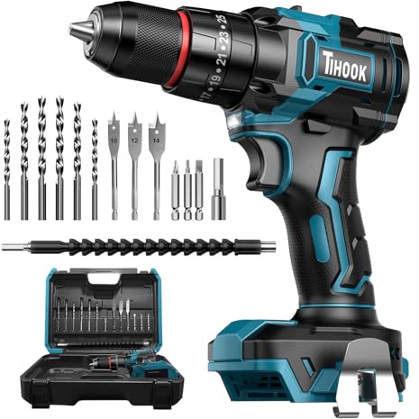 TIHOOK Cordless Power Drill Set for Makita 18V Battery, 90N.m Max Brushless Motor Electric Screwdriver, 25+3 Torque, 3/8 Chuck, 2 Speed, LED Light, 16Pcs Combi Hammer Drill with Case (NO Battery)