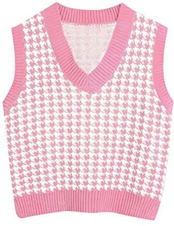 Sleeveless Sweater Vest for Women Sweater Vest Women Casual V Neck Houndstooth Knit Sweaters Sleeveless Autumn Aesthetic Checkered Work Vests Red L