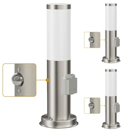 ledscom.de 3 st. vägbelysning, pollerlampa, trädgårdslampa PORU med sensor för utomhusbruk, IP44, 38 cm, krom, 1xE27, max. 15 W, eluttag