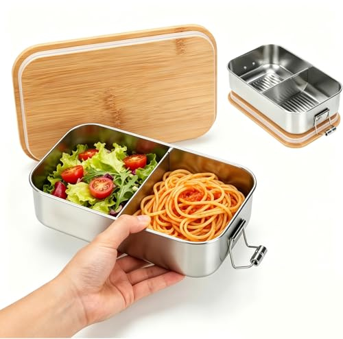 VINATO Brotdose Edelstahl, 700ML Lunchbox Erwachsene Auslaufsicher mit Dichtring, Edelstahl Brotdose mit Fächern, BPA-frei, Adult Lunch Box with Compartments & Holzdeckel für Arbeit, Schule, Picknicks