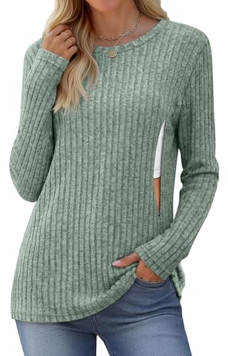 Yearntown Women Nursing Shirt Breastfeeding Long Sleeve Top Ribbed Thermal Sweater with Hidden Zipper Fall Winter Maternity(Green,Medium)