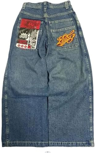 Herr Y2K jeans säckig denim byxor vida ben jeans hip hop casual denim byxor broderi tvättade raka ben jeans med fickor vintage fritidsbyxor streetwear casual hög midja bekväma tygbyxor, Ljusblå, S