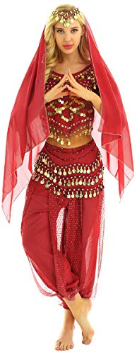 YiZYiF 4 delar magdans kostym för kvinnor, topp + haremsbyxor + huvudduk + höftduk indiska danskläder Belly Dance karneval performance outfits, röd, En Storlek