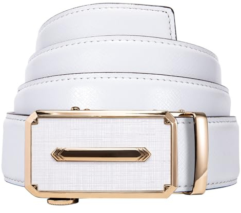 Barry.Wang White Gold Ratchet Belt for Men Leather formal Dress Slide Buckle Automatic Design Golf Wedding Business Dinner Club