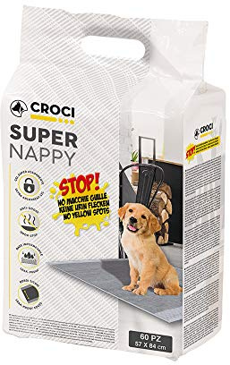 Croci Super Nappy Carboni attivi - Tappetini Igienici per Cani 57x84 cm - 60 pezzi, Traverse Cani e Animali Domestici, per Pipi Cane e Gatto Ultra Assorbenti Usa e Getta, Antistrappo e Antiodore