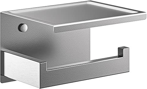HITSLAM Porte Rouleau Papier Toilette Auto-adhésif avec Tablette, Support Papier Toilette Mural pour Salle de Bain, Acier Inoxydable, Derouleur Papier Toilette WC sans Percage - Argent Acier Brossé