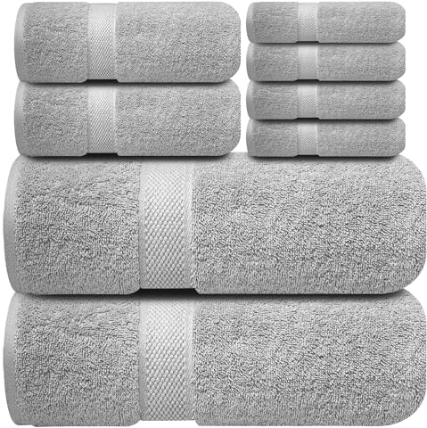 Infinitee Xclusives Premium-Badetuchset, 8-teilig (2 Badetücher, 2 Handtücher, 4 Waschlappen), super saugfähig und weich aus 100% ringgesponnener Baumwolle |Charmantes Grau|