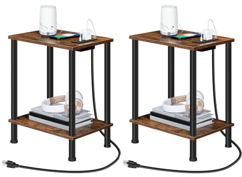 HOOBRO Side Table with Charging Station, Set of 2 End Tables with USB Port and Outlets, Nightstand with 2-Layer Storage Shelves for Small Spaces, Living Room, Bedroom, Rustic Brown BF09UBZP201