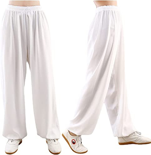 Pantalon de Tai Chi Unisexe Couleur Unie Loisirs Coton et Soie Costume Chinois pour Tai Chi and Wing Chun Taille Elastique Tenue de Tai Chi pour la Méditation et Le Qigong,004,M