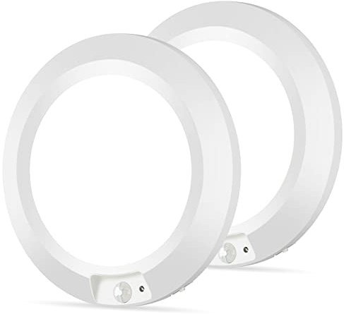LINEWAY Deckenleuchte mit Bewegungsmelder Batteriebetrieben, LED Deckenlampe mit Bewegungssensor Batterie 210LM 6000K Nachtlicht Innen Lampe Φ16cm für Keller Treppe Waschküche Schrank Küche(2 Stück)