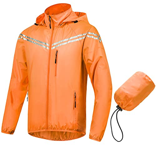 CREATMO US Men's Lightweight Hooded Raincoat Waterproof Packable Windbreaker Rain Jacket Ponchos For Cycling Orange XL