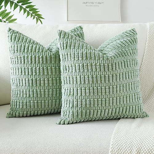 JOTOM Set of 2 Corduroy Soft Striped Cushion Covers 45x45 cm Decorative Throw Pillow Covers Square Cushion Case Home Boho Decor Pillow Cases for Couch Sofa Bedroom 18x18 Inch (Sage Green)