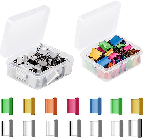 100 clips pequeños de acero inoxidable, reutilizables, de acero inoxidable, para trabajos con clip de clam, dispensador de clip para escritorio, documentos, oficina, casa (coloreado)