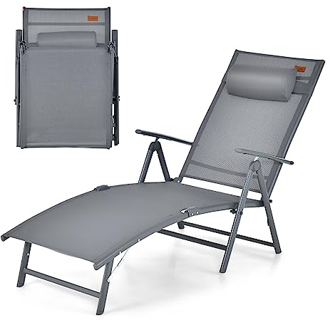 COSTWAY Chaise Longue Pliante, Transat Inclinable Portable avec Dossier Réglable sur 7 Positions, Bain de Soleil avec Accoudoir, Repose-Tête, Extérieur pour Piscine, Jardin, Balcon (Gris)