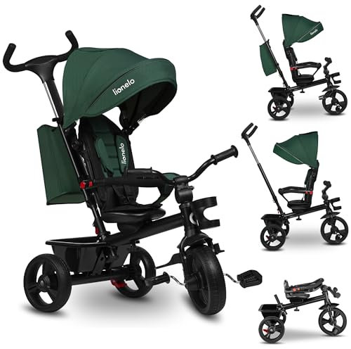 LIONELO Haari 2in1 Dreirad mit Schubstange ab 18 Monate bis 25kg, Vorwärts und Rückwärtsfahrt, schlauchlose Gummireifen, Freilauf geräumiger, Korb, Tasche, Getränkehalter